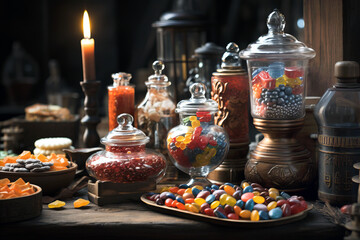 Vintage candy buffet table: display with candied and sugared berries and fruits in glass jars in antique confectionery.