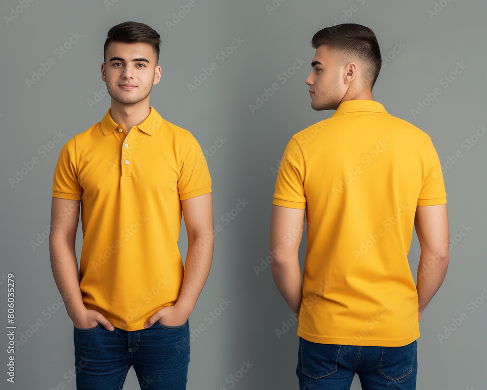 Wall mural front and back views of a man wearing a yellow polo shirt mockup template - Wall murals