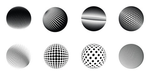 Collection of abstract vector icons depicting 3D spheres with a dotted halftone pattern.