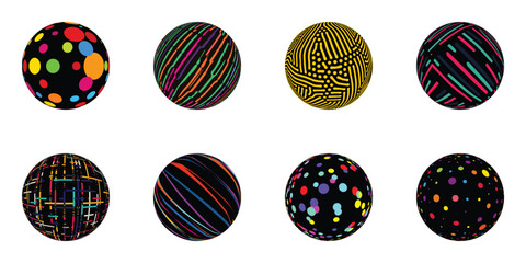 The colorful abstract sphere, depicted with textured spots and lines, stands out against a stark black background, vector illustration.