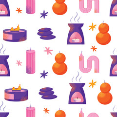 Aroma candles seamless pattern. Cartoon scented wax light, candle with wax and fragrance, spa therapy decoration different shapes. Vector illustration isolated on background