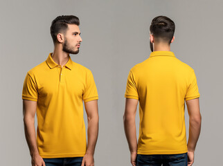Front and back views of a man wearing a yellow polo shirt mockup template