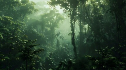  A dense, mist-shrouded forest alive with the sounds of unseen wildlife, the air thick with the...