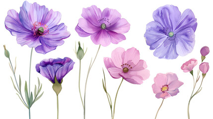 set of purple and pink garden flowers close-up, watercolor illustration on white background
