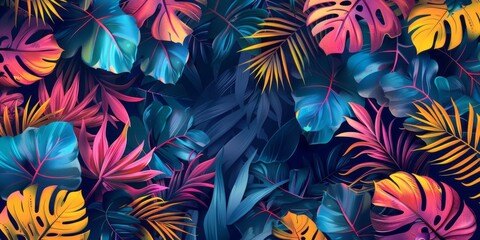 background with tropical leaves and colorful flowers