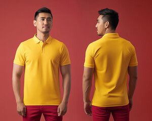 Front and back views of a man wearing a yellow polo shirt mockup template