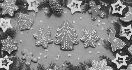 Monochrome Christmas Gingerbread Cookies Decorative Icing Pine Cones Star Lights Top View Gray...