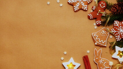 Festive Gingerbread Cookies Christmas Decorations Top View Brown Background