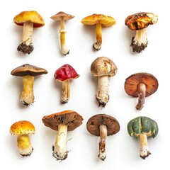 A collection of various mushrooms, each with unique colors and textures, isolated against a white backdrop