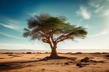 Single Green tree in the desert.