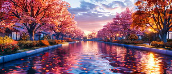 Cherry Blossoms at Night by a River in Japan, Illuminated Sakura Adding Romance to the Springtime...