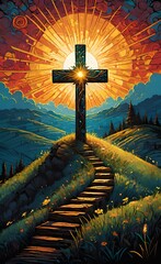 Wooden cross on hill top with sun shining bright behind, redemption concept.