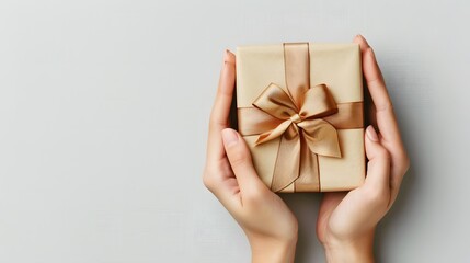 A pair of hands holding out an elegant gift box with gold ribbon on white background, symbolizing the joy and love for special people duringslipboard on top view, copy space concept.