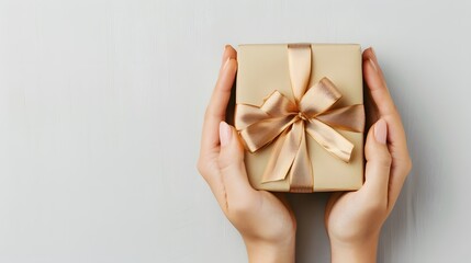 A pair of hands holding out an elegant gift box with gold ribbon on white background, symbolizing the joy and love for special people duringslipboard on top view, copy space concept.