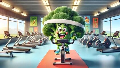 Broccoli character engaging in fitness activities, humorously lifting dumbbells as part of a workout routine, symbolizing the fusion of sport activity, healthy eating, and strength training.