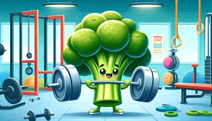 Broccoli character engaging in fitness activities, humorously lifting dumbbells as part of a workout routine, symbolizing the fusion of sport activity, healthy eating, and strength training.
