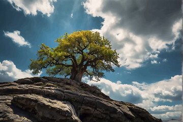 Obraz premium Mature mountain pine grew on rock. View of blue spring sky with clouds. Resistance mountain pine against wind