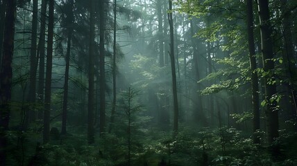  A dense, mist-shrouded forest alive with the sounds of unseen wildlife, the air thick with the scent of earth and greenery. . 
