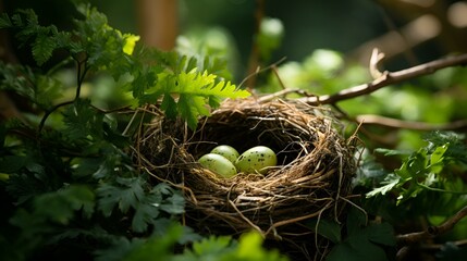 Obraz premium Bird nest with eggs covered by green leaves on one branch