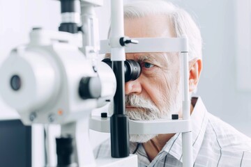 Elderly Caucasian Man Undergoing Eye Exam for Cataract Detection in a Clinical Setting