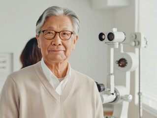 Senior Asian Man Consultation at Sustainable Eye Care Clinic During Cataract Awareness Month