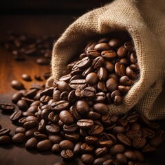 A close-up of coffee beans cascading out of a burlap sack, emphasizing freshness and quality in beverage marketing