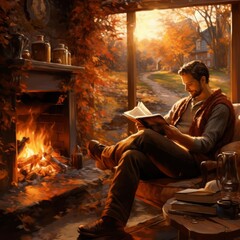 A cozy autumn scene with a person reading a thought-provoking novel by the fireplace, embodying the warmth and comfort of free thought.