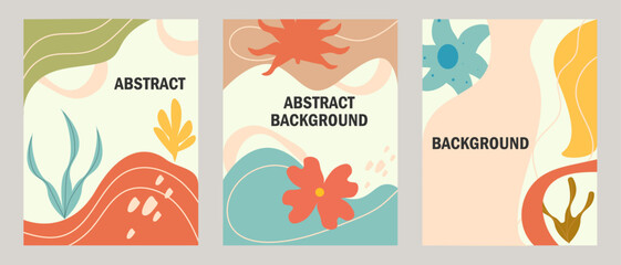 Poster of abstract botanical geometric, natural shapes in trendy creative style. Modern vector illustration with tropical elements for wall decor in boho style.