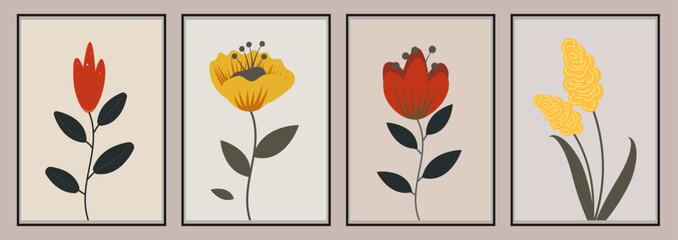 Botanical floral minimalistic vector wall poster set. Abstract template design for framed wall decor, wall prints, canvas prints, posters, home decor, slipcovers.