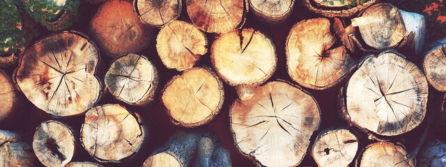 Stacked sawn logs as wooden background. Deforestation concept. Wide panoramic Photo