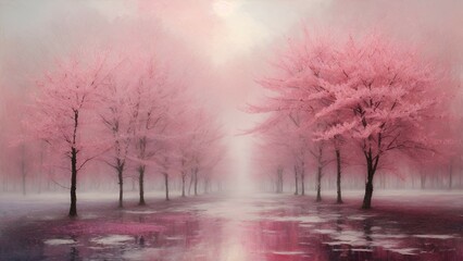 Digital painting of a foggy forest with pink trees and water reflections