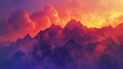  A dramatic mountain vista with jagged peaks stretching into the distance, their rugged outlines silhouetted against a fiery sunset sky. . 
