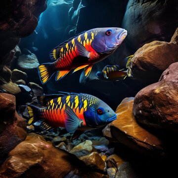 A dramatic scene of African mbuna cichlids among the rocky crevices of Lake Malawi, displaying their territorial nature in vivid colors.