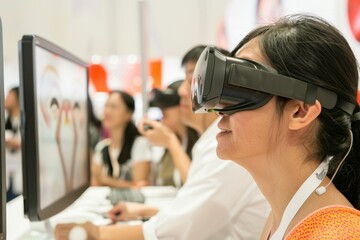 Exploring Vision Health: Asian Woman Experiencing Cataract Simulation at Public Health Fair