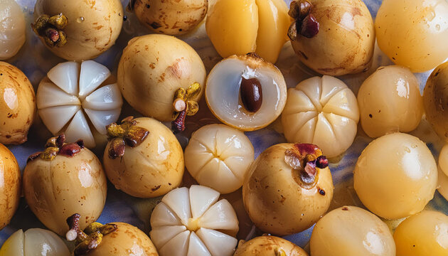 Flat lay of langsat fruit texture, Top view of fruits concept background