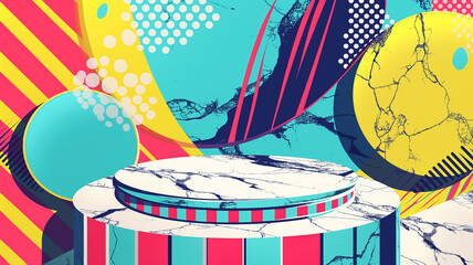 Pop art concept white podium. Colorful background in pop art retro comic style. Summer concept