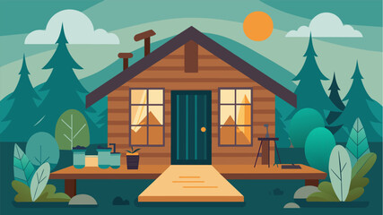 The rustic cabin accommodations provide a cozy and welcoming atmosphere allowing guests to fully immerse themselves in the restorative Pilates. Vector illustration