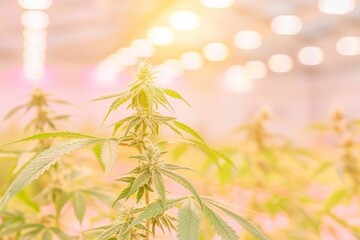 Indoor Cannabis Cultivation: Close-up of Flourishing Marijuana Plants Under Artificial Lights