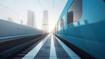 Modern Commuter Train Speeding in Urban Environment at Sunrise