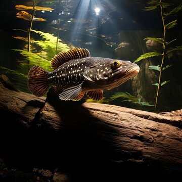 A peaceful snapshot of a plecostomus clinging to a submerged log, camouflaged perfectly within the shadowy river bottom.