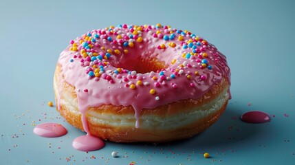 Close-Up of Pink Frosted Sprinkle Donut on a Blue Background