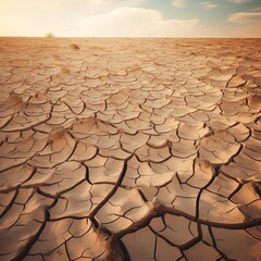 A surface shot of cracked earth in a desert, displaying the dry textures and patterns formed by natural forces.