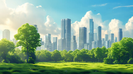 Obraz premium Beautiful modern eco friendly green city panoramic view with skyscrapers and parks. Idilic place to live, city of the future concept illustration.