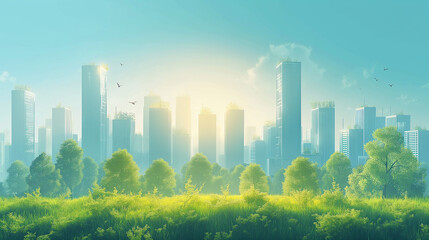 Obraz premium Beautiful modern eco friendly green city panoramic view with skyscrapers and parks. Idilic place to live, city of the future concept illustration.