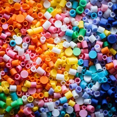 Brightly colored plastics in raw pellet form, displayed for use in manufacturing and highlighting material versatility