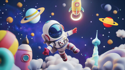 3d cartoon illustration of an astronaut floating in space surrounded by planets, stars and rockets