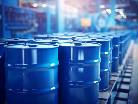 Drums of propylene glycol in a chemical manufacturing plant for creating polyester and other polymers