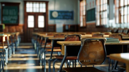 Classroom, school. Places for students, desks, blackboard. Wooden desks. Large windows, good lighting.