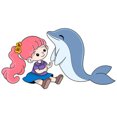 little girl is interacting and playing with dolphins