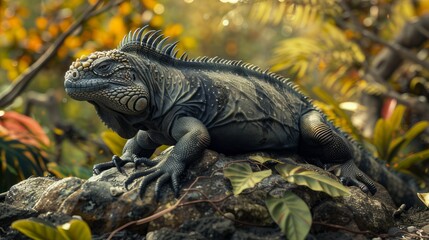 Obraz premium Marine iguana sitting on a stone. Tropics.